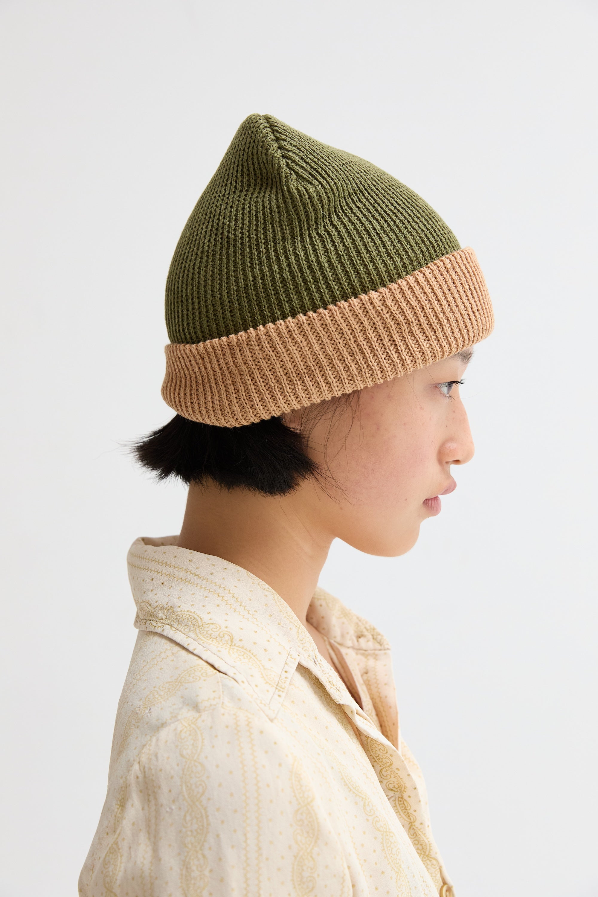 Two-Tone Ramie Cotton Slacker Beanie Ribbed Knit Warmth