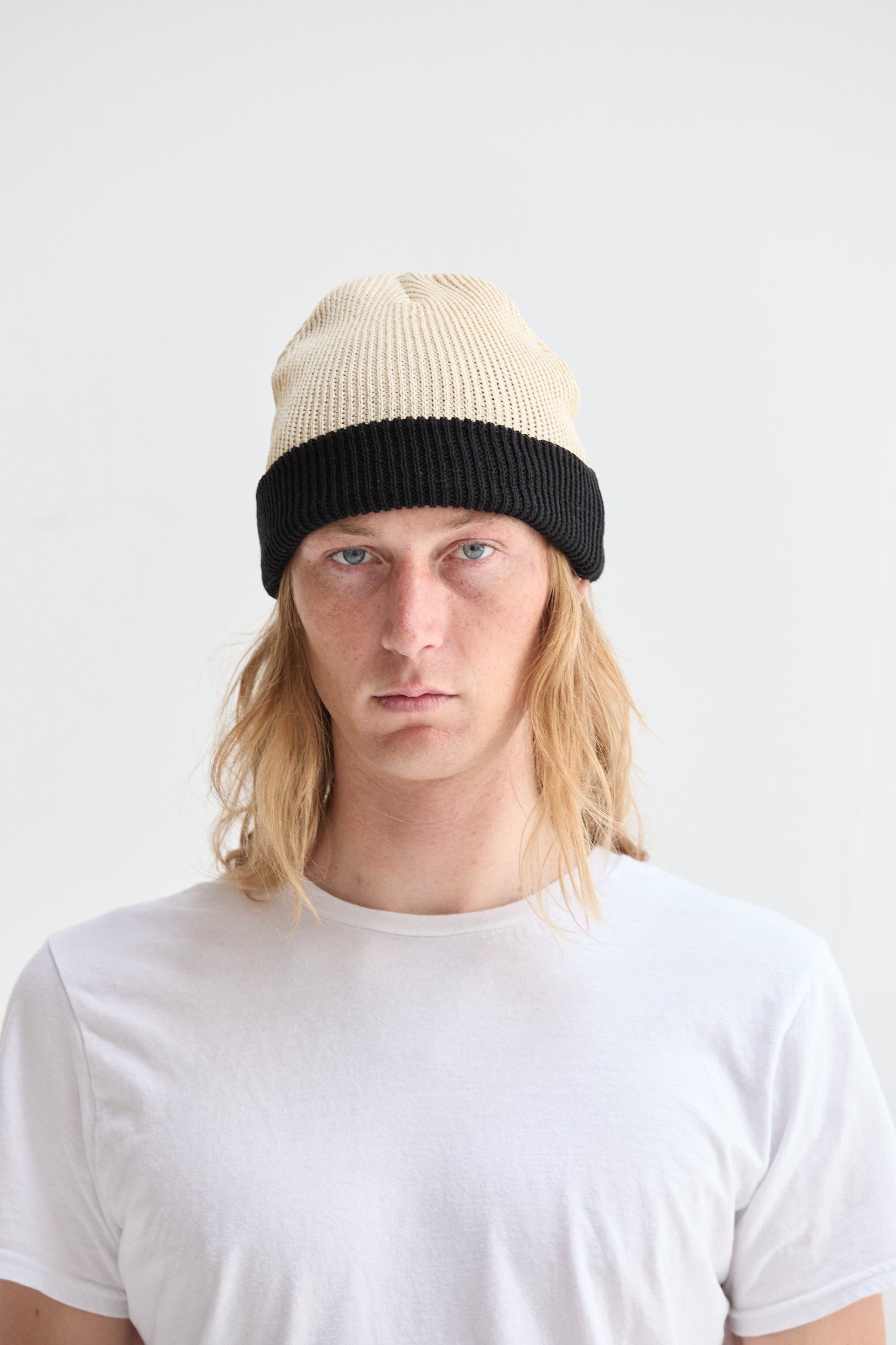 Two-Tone Ramie Cotton Slacker Beanie Ribbed Knit Warmth