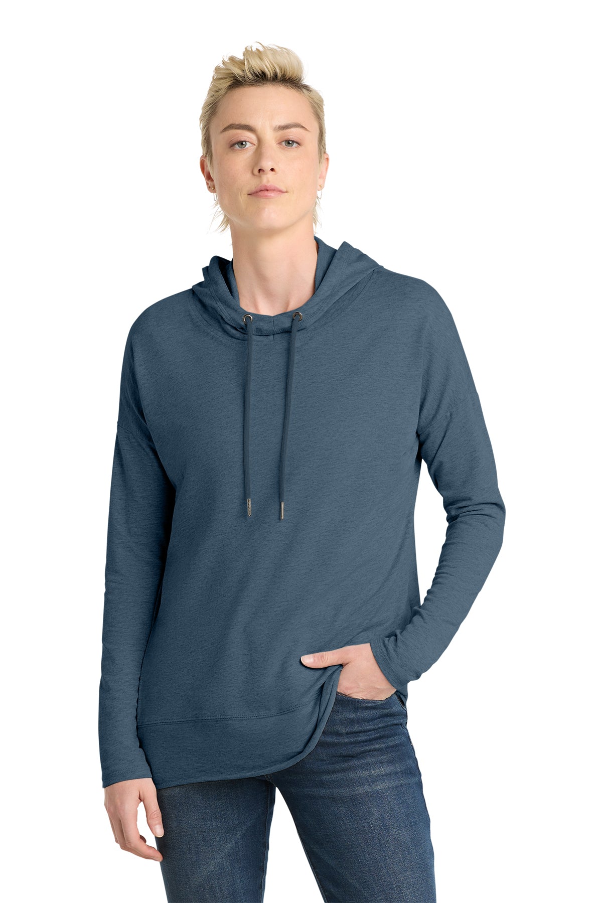 Women's Featherweight French Terry Hoodie Washed Indigo Lightweight Cowl Neck
