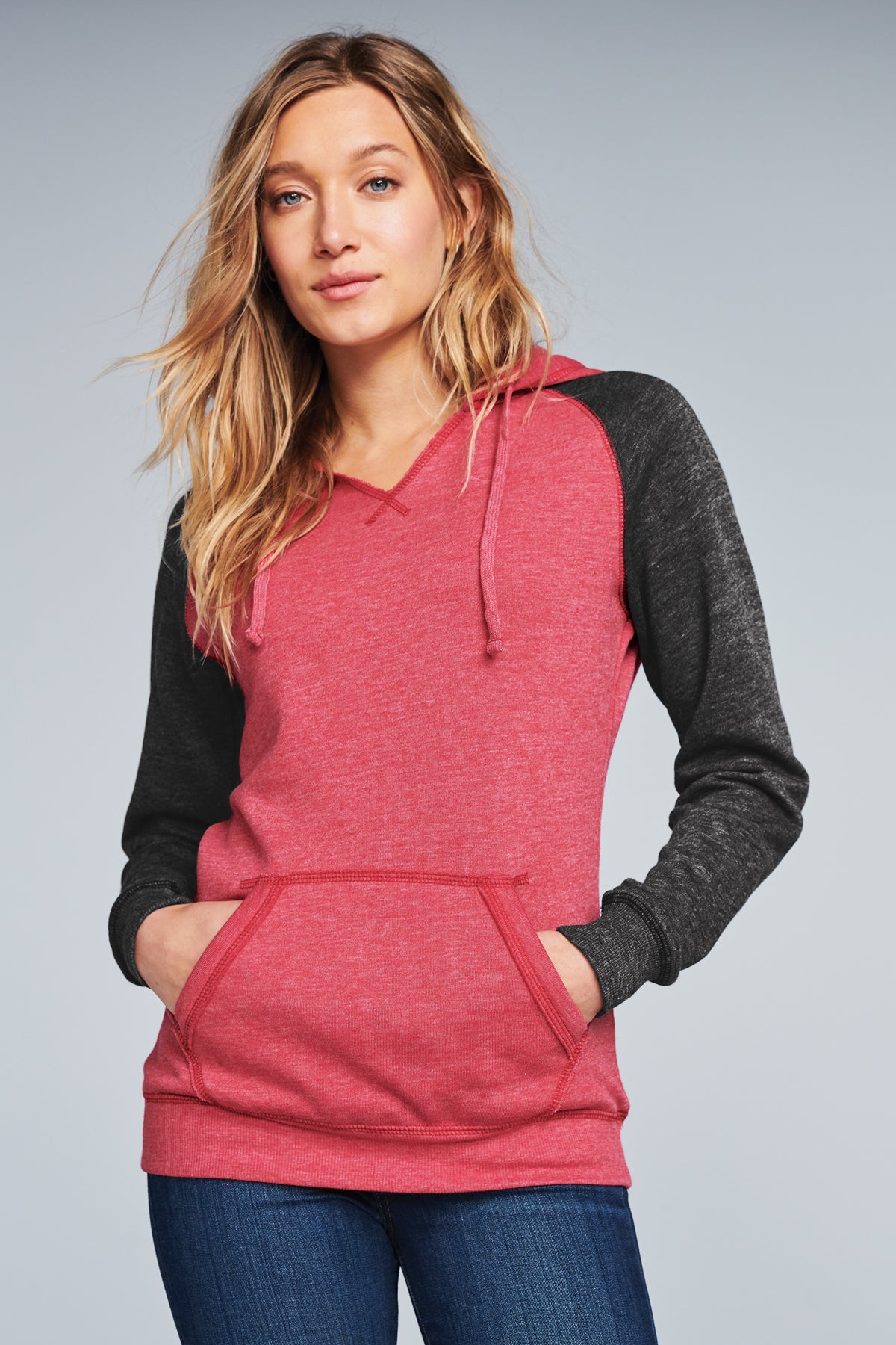 District Women's Lightweight Fleece Raglan Hoodie Heathered Varsity Style
