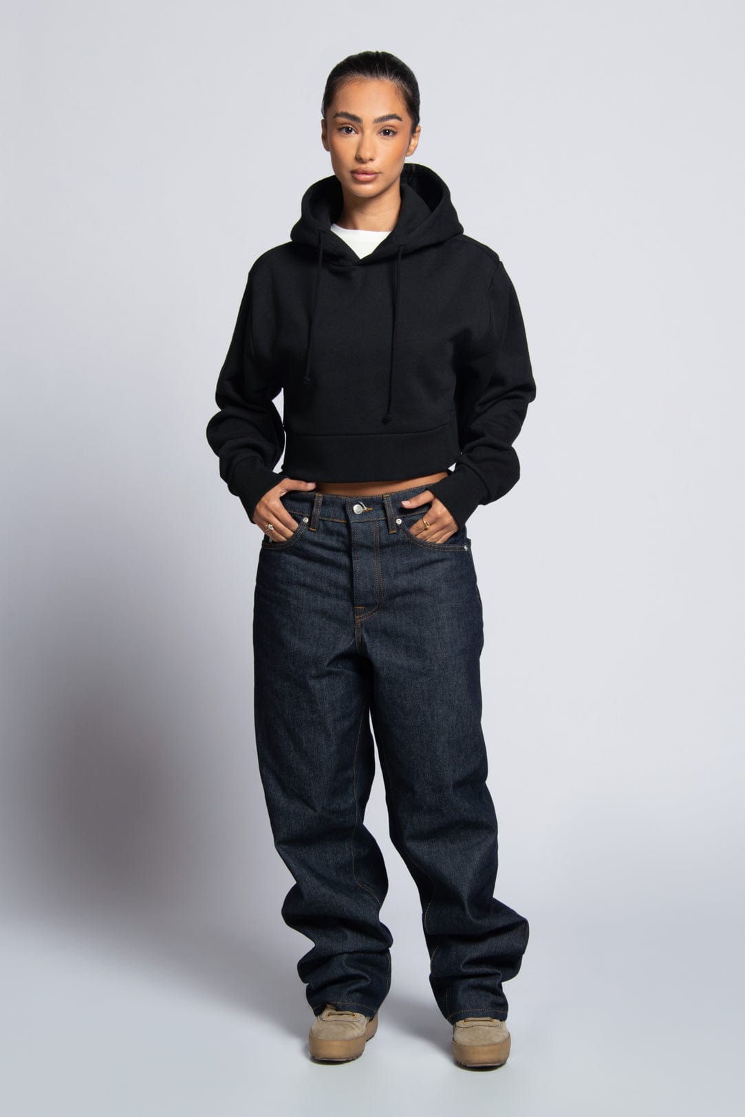 MADE Women's Cropped Hoodie Black 80/20 Cotton-Poly Fleece Ribbed