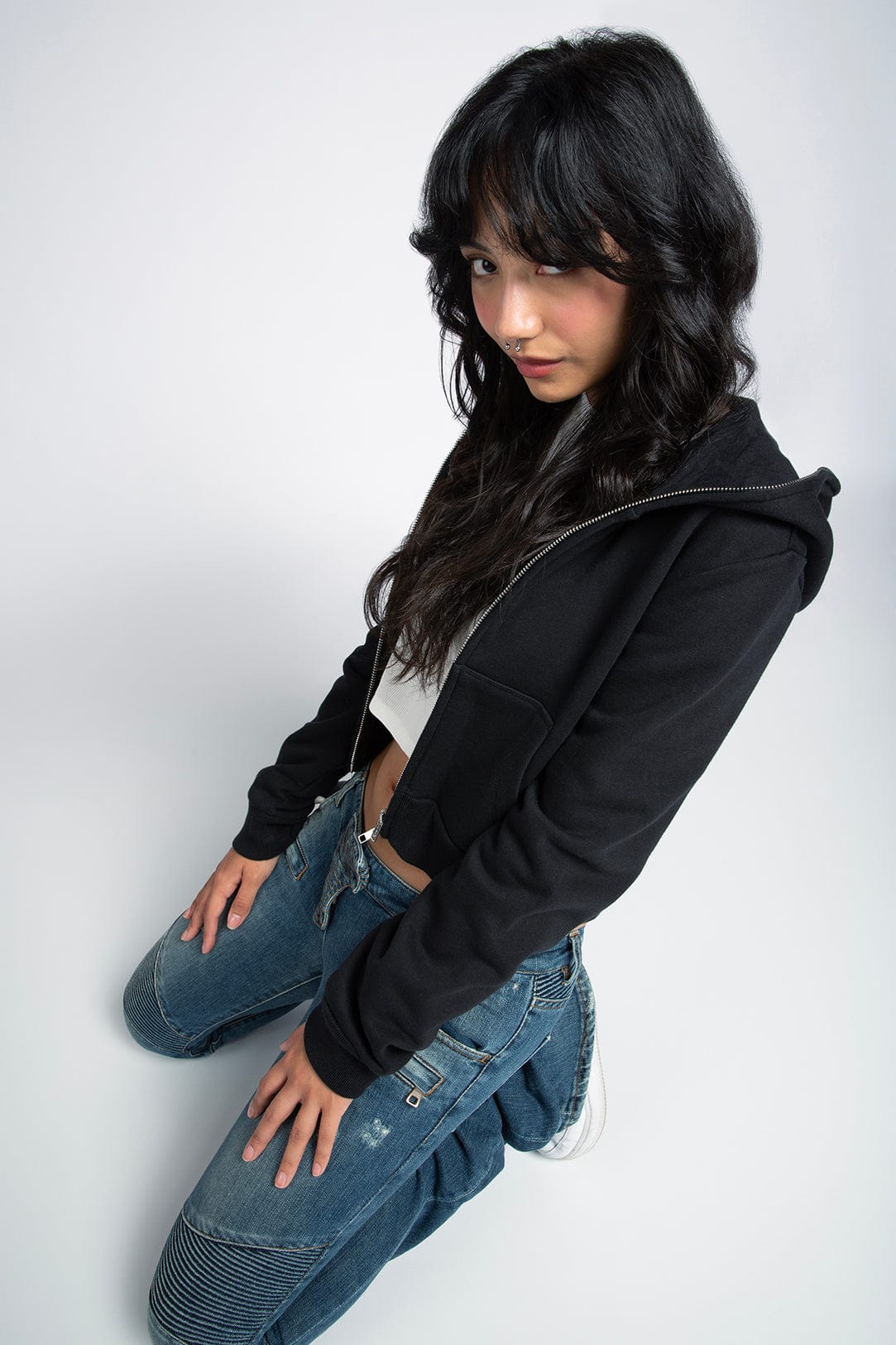 Phantom Black Cropped Full-Zip Body Bag Hoodie with YKK Zipper