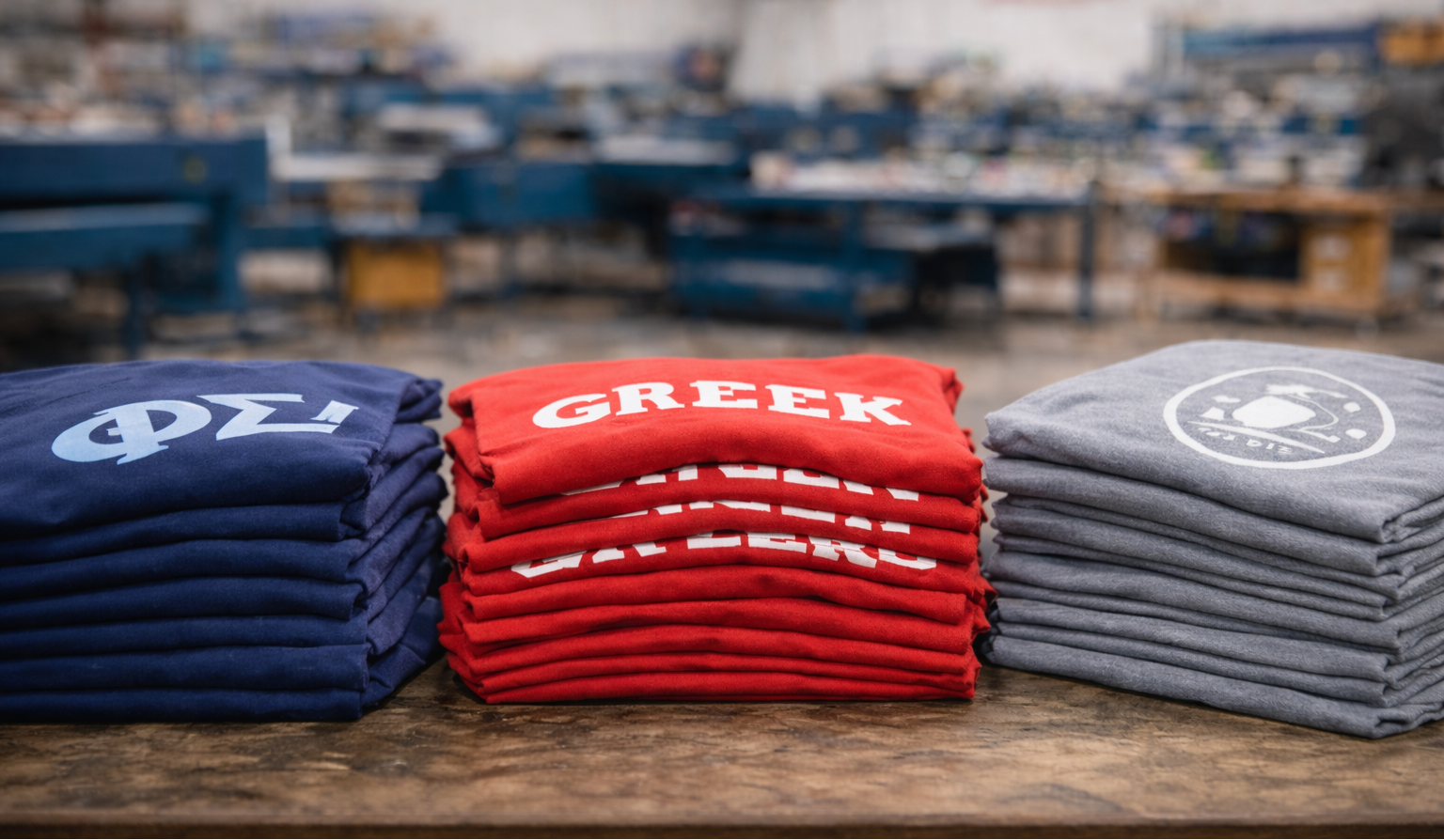 folded custom printed shirts with screen printing shop in background