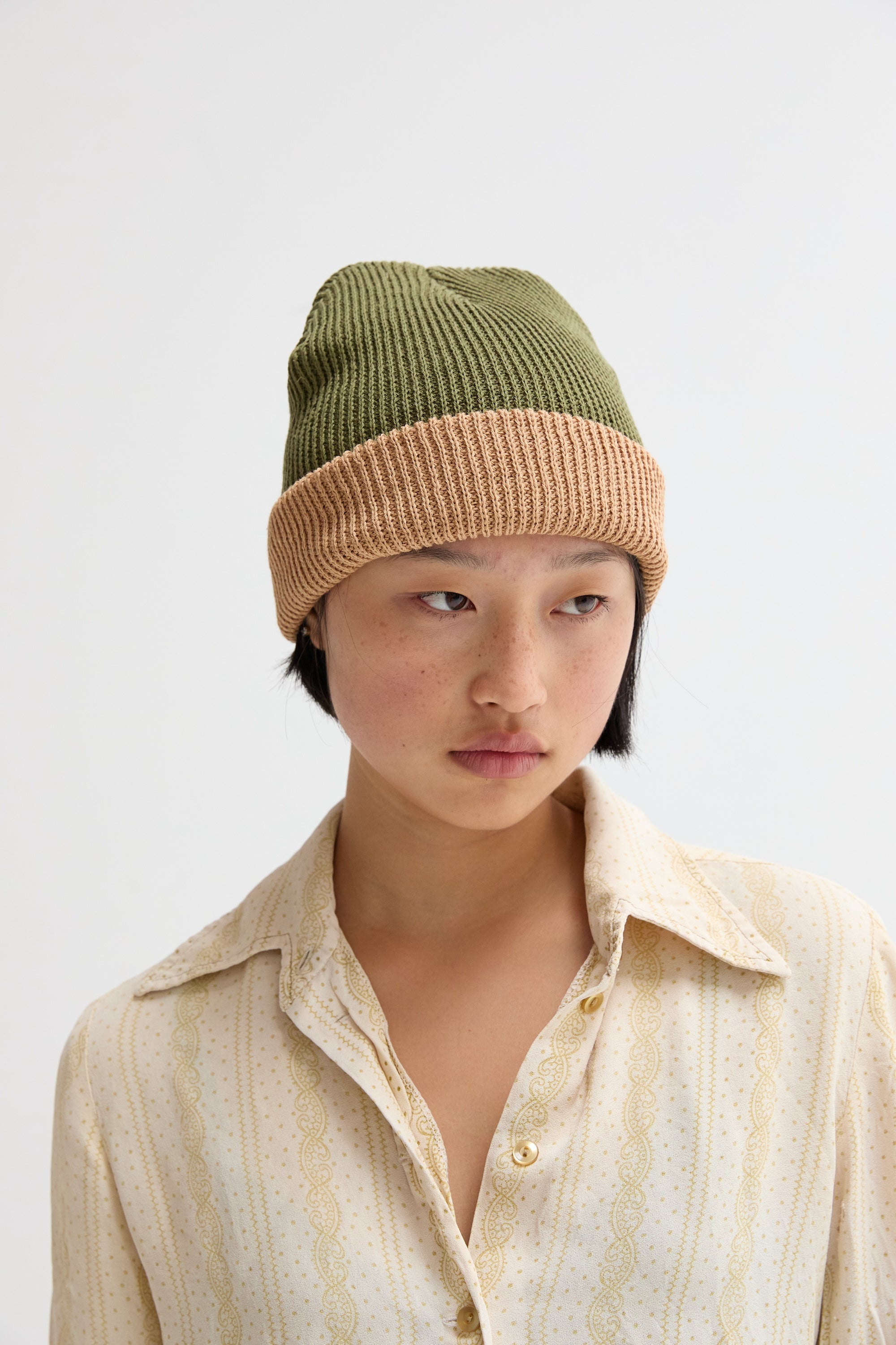 Two-Tone Ramie Cotton Slacker Beanie Ribbed Knit Warmth