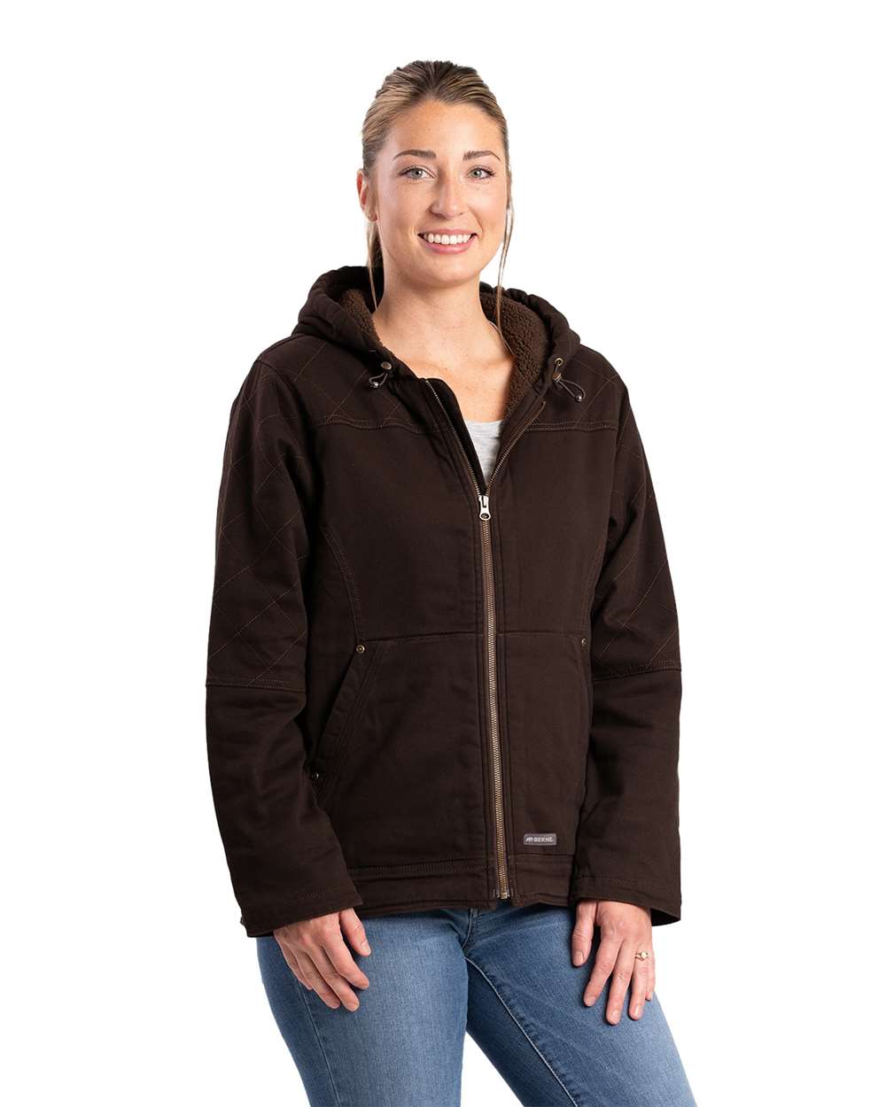 Women's Sherpa-Lined Cotton-Lycra Twill Hooded Work Jacket with Insulation