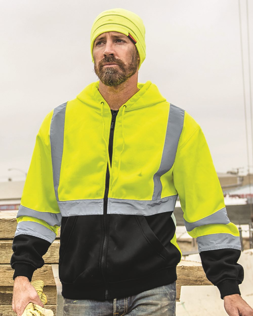 Kishigo Unisex Hi-Vis Full-Zip Hooded Sweatshirt with Reflective Strips