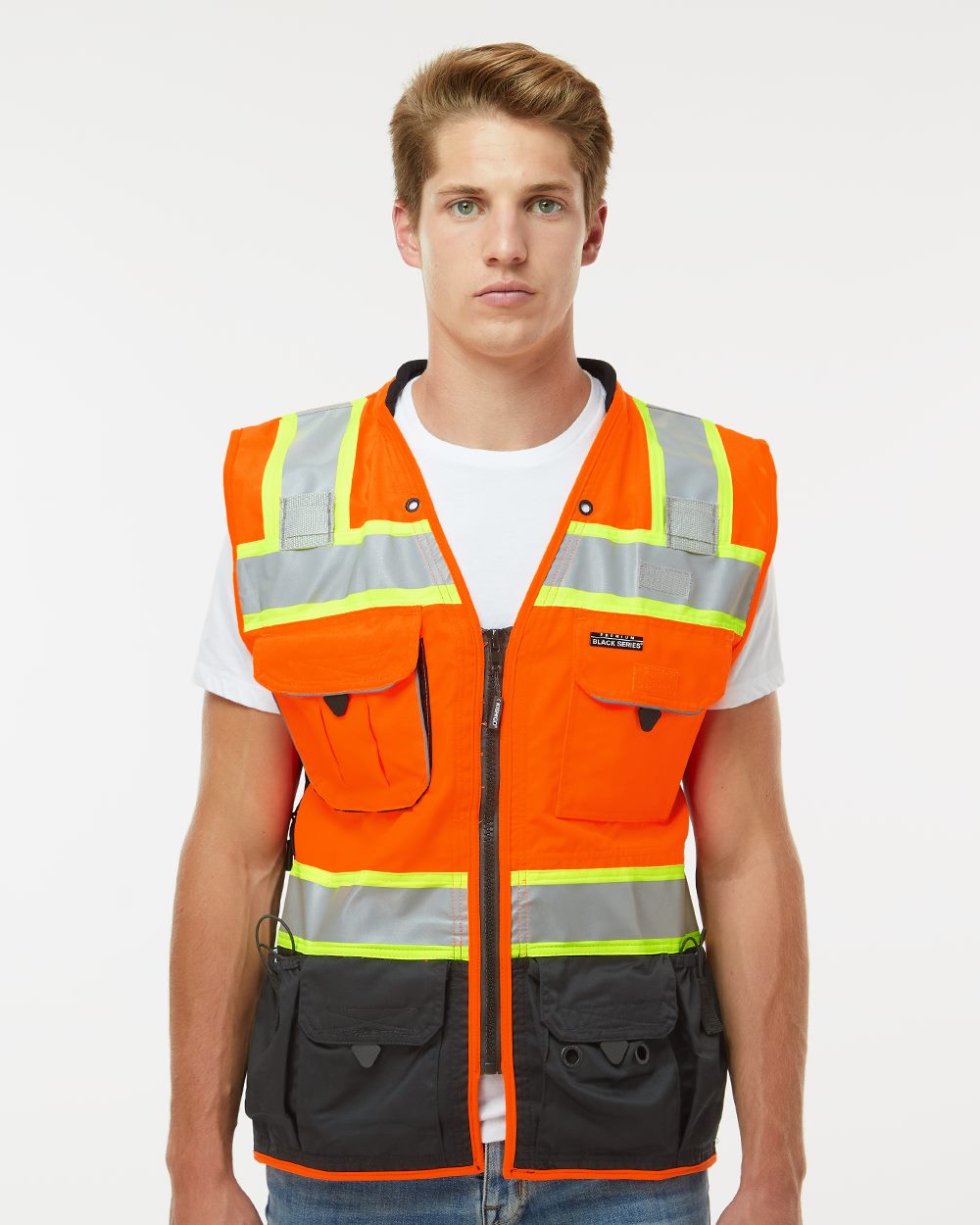 Kishigo Premium Black Series High-Visibility Surveyor Vest with Pockets and Reflective Tape