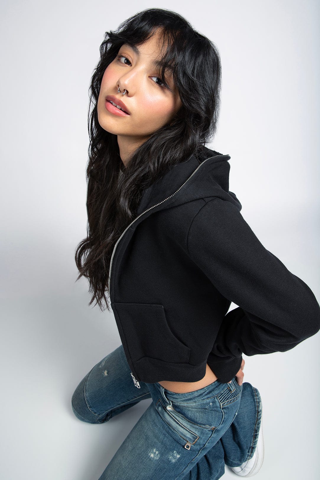 Phantom Black Cropped Full-Zip Body Bag Hoodie with YKK Zipper