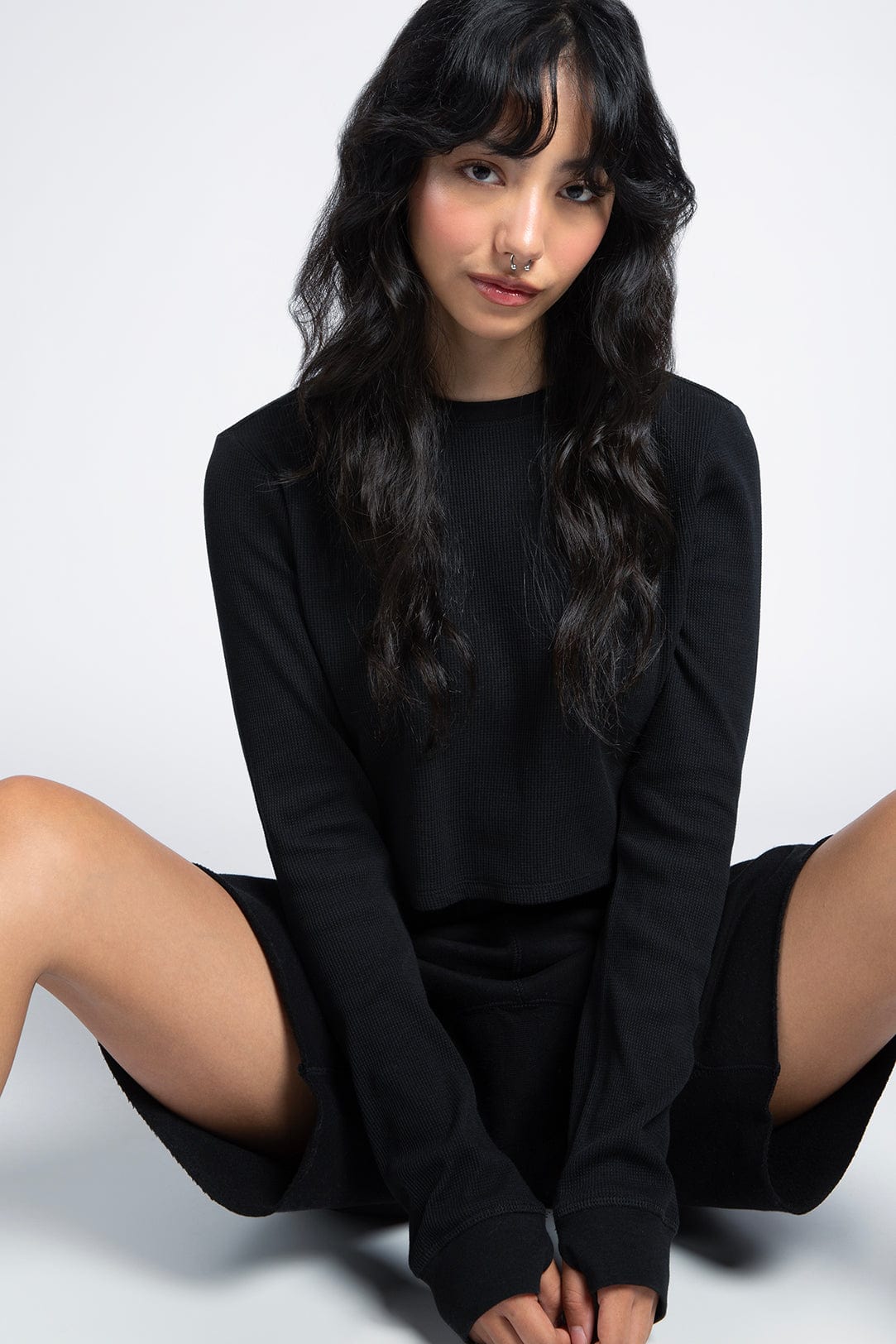 Waffle Knit Cropped Thermal Longsleeve Tee with Thumbholes Raw Hem