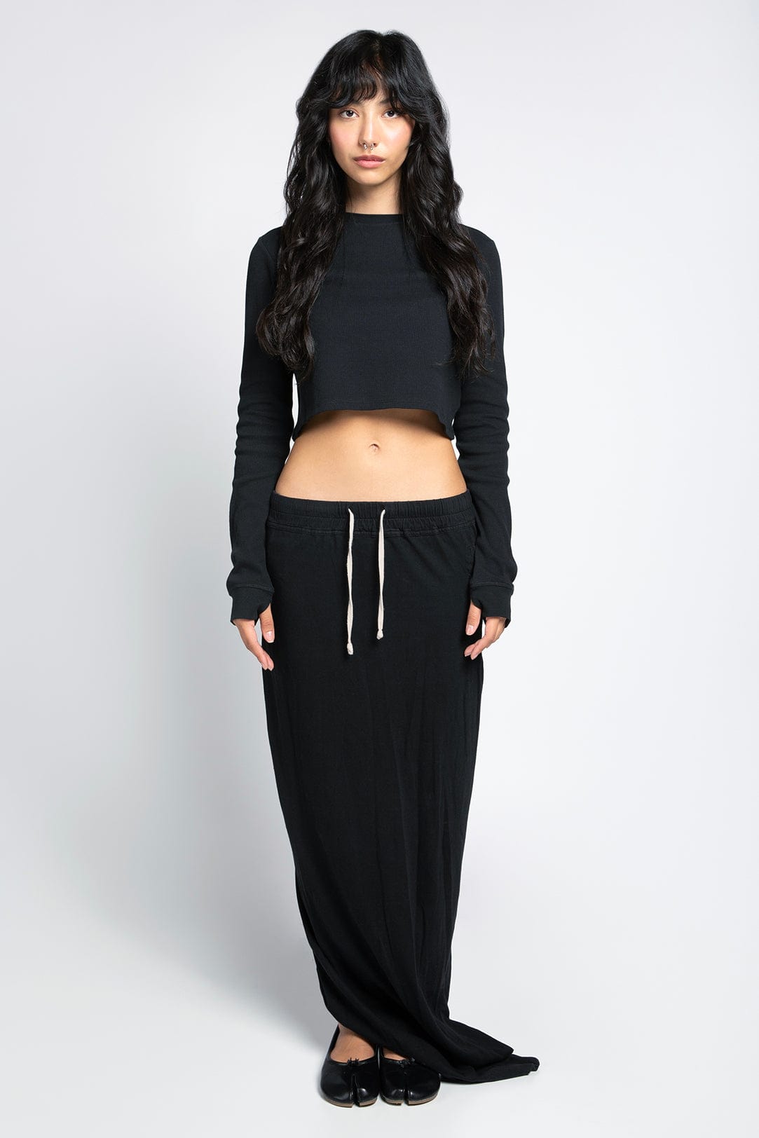 Waffle Knit Cropped Thermal Longsleeve Tee with Thumbholes Raw Hem