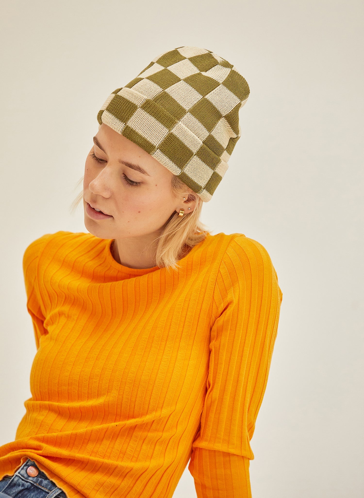 Hemp Blend Checkerboard Slacker Beanie Warm Ribbed Knit Hat